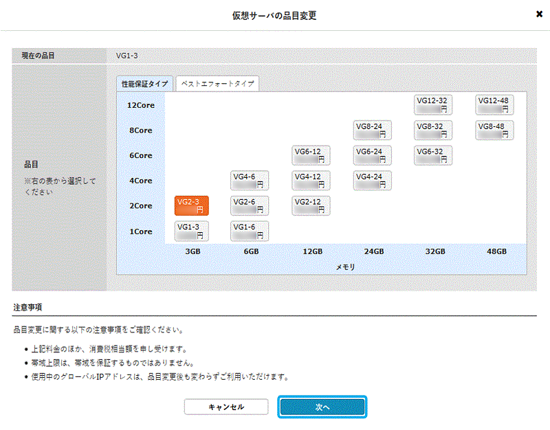 仮想サーバの品目変更